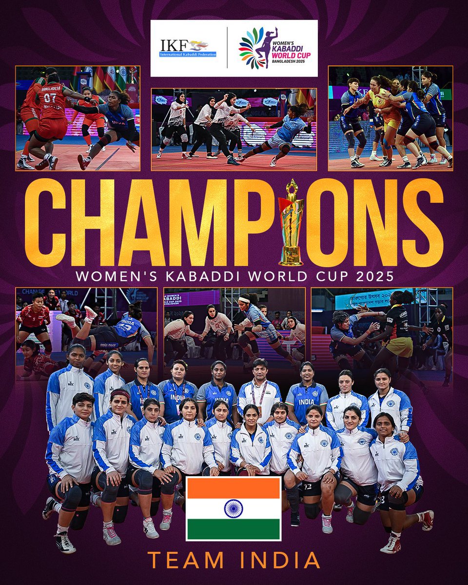 A proud moment for Indian sports!
Our Women in Blue have won the #KabaddiWorldCup2025 with great strength, discipline, and teamwork.

This historic victory fills every Indian heart with pride.
Congratulations to our champion girls — you have made Bharat shine once again!