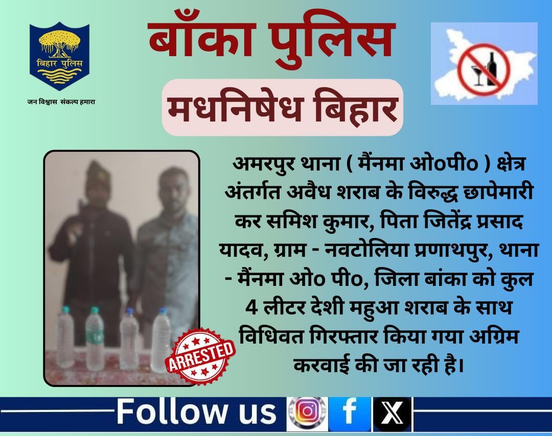 BANKA_POLICE's tweet image. अमरपुर थाना ( मैंनमा ओ०पी०) क्षेत्र अंतर्गत अवैध शराब के विरुद्ध छापेमारी कर समिश कुमार, ग्राम - नवटोलिया प्रणाथपुर, को कुल 4 लीटर देशी शराब के साथ गिरफ्तार किया गया है।
.
Bihar Police
@bihar_police
@IPRDBihar
@DmBanka
@BiharHomeDept
#HainTaiyaarHum 
#mahilahelpdesk 
#cyberPS