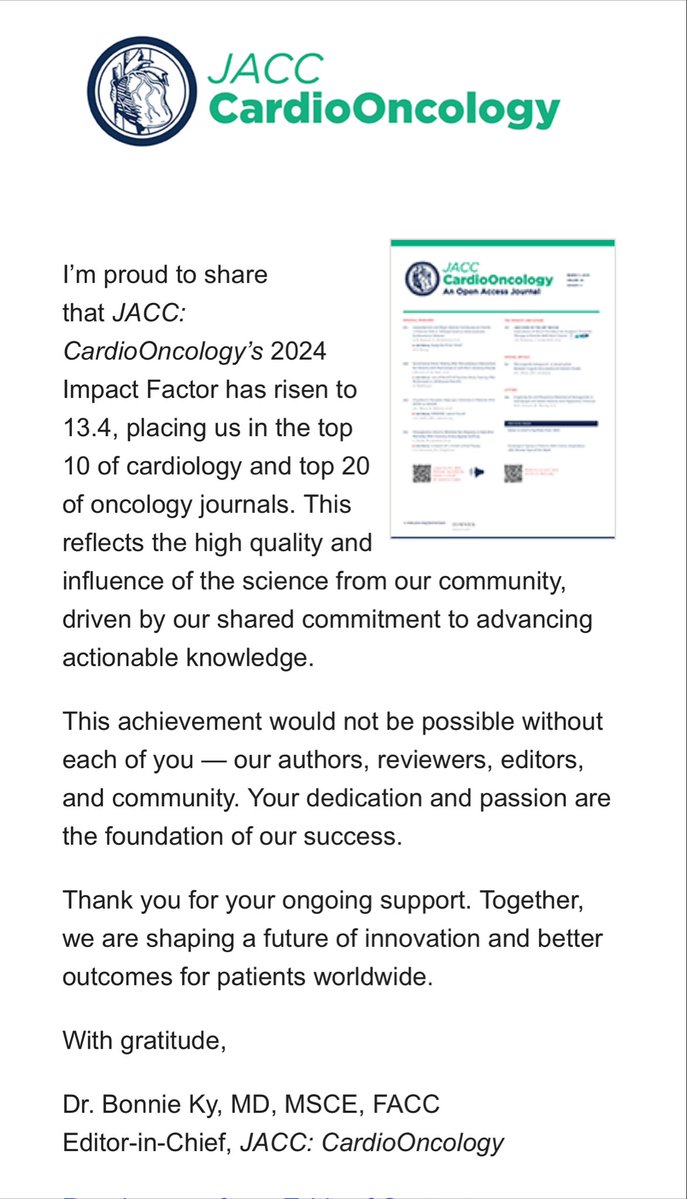 Massimi78530343's tweet image. 🚀Thrilled to share that #JACCCardioOnc 2024 IF has risen to 13.4, placing in the top 10 in cardiologY🌟
This reflects the dedication of our authors, reviewers, editors, and readers, united by a commitment to advancing high-quality, actionable science in cardio-oncology🫀🔬🌍