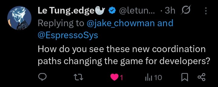 jake_chowman's tweet image. Apparently this user is as curious as a cat lol, well from my view, Espresso’s new coordination paths are a real shift for devs because it means less patchwork, less fragmentation.
More time to focus on building, more shipping and confidence.

Cos when sequencing, finality and…