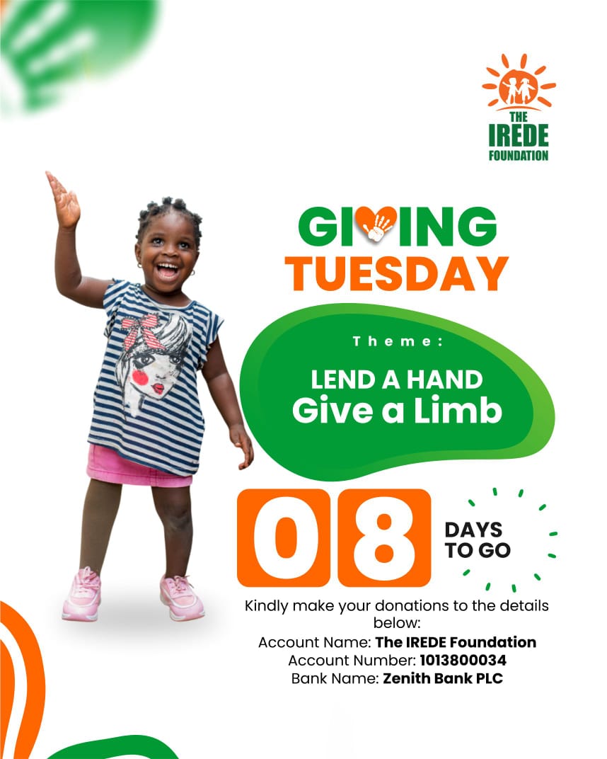 Hope is on the way… 8 days to Giving Tuesday
Let’s bring smiles, confidence, and mobility back to children living with limb loss.
Donate, share, support.
#IredeCares #GivingTuesday2025 #MakeADifference