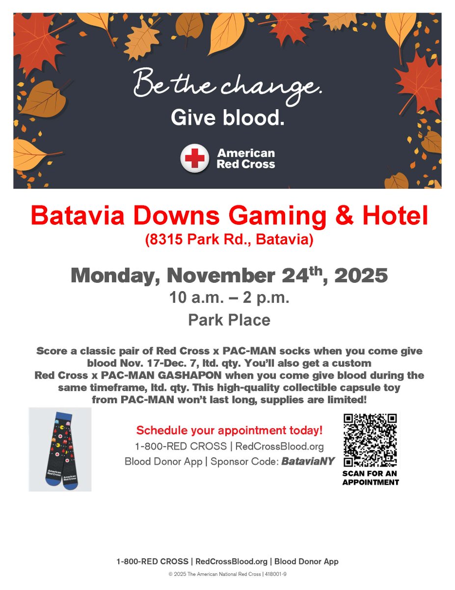 #BloodDrive today from 10am-2pm! 🩸 Receive a pair of Red Cross x Pac-Man socks when you give blood! You’ll also get a custom Red Cross x Pac-Man gashapon!

Sign up here: rcblood.org/43JiGuP or call 1-800-REDCROSS