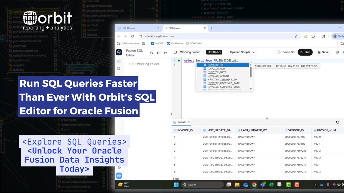 OrbitAnalytics's tweet image. Stuck writing complex Oracle Fusion queries? #OrbitAnalytics&apos; #SQLEditor lets you run custom queries in seconds, export to Excel &amp;amp; analyze instantly. No special skills needed! Master SQL queries with our complete guide. hubs.la/Q03Vsm2m0
#oraclefusioncloud #sqlquery