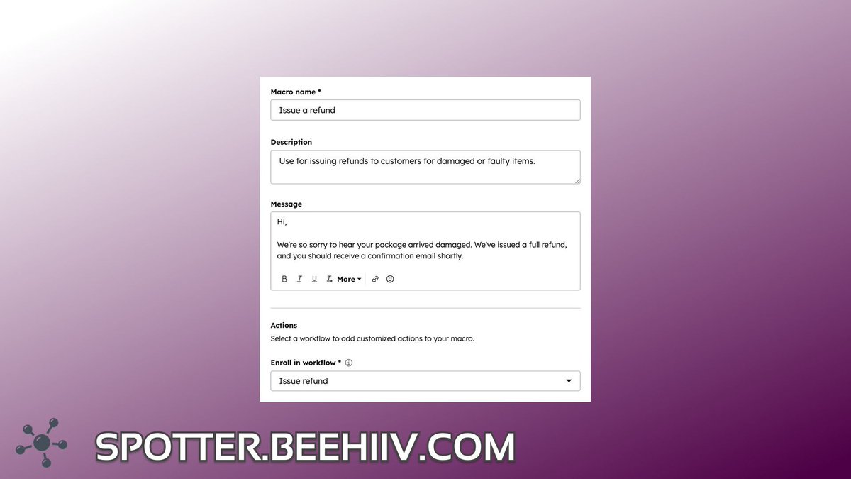 Hubspot_Spotter's tweet image. 📢 Announcement: Macros Now Available in Help Desk

HubSpot&apos;s Help Desk Macros are a powerful new efficiency tool that combines prewritten responses with ticket-based workflows. 

Read more at Spotter.beehiiv.com