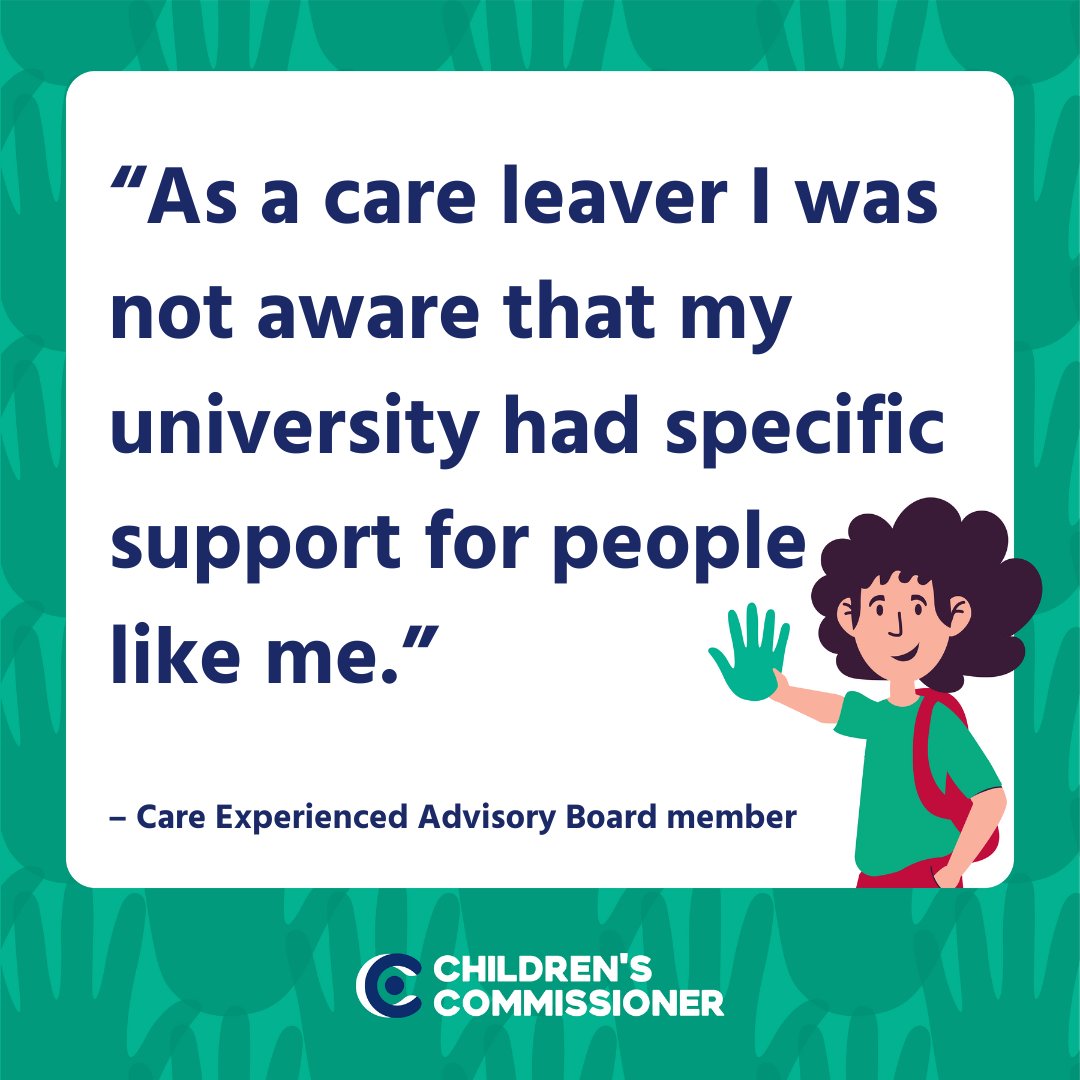 “I was not aware that my university had specific support for people like me”

To ensure every care experienced student is supported to achieve their aspirations, my Care Experienced Advisory Board co-produced a handbook for higher education professionals⬇️ childrenscommissioner.gov.uk/resource/suppo…