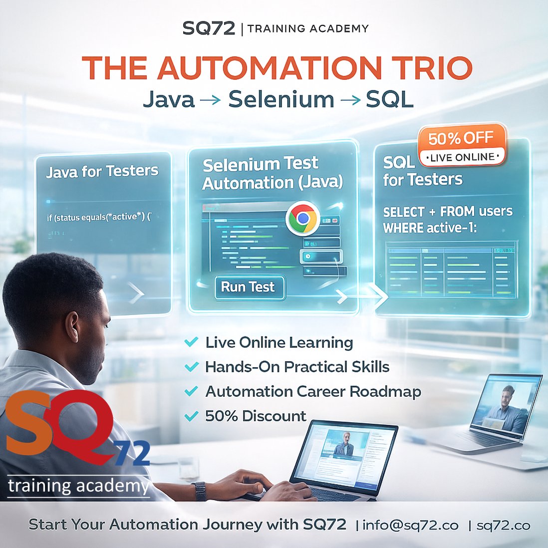 SQ72Testing's tweet image. 🎓 The SQ72 Automation Trio — Java → Selenium → SQL Live Online • 50% OFF Your full roadmap into automation. 🌐 sq72.co #AutomationTraining #QATraining #softwaretestingtools