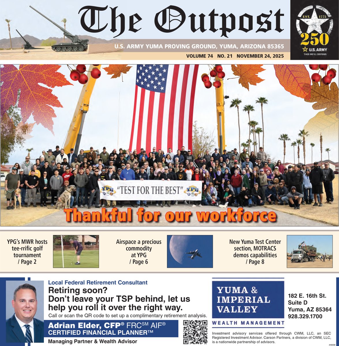 ypg_az's tweet image. The November issue of The Outpost is now available online and will be in racks around post and in Yuma later today.  Read it now at: dvidshub.net/r/mxwehy