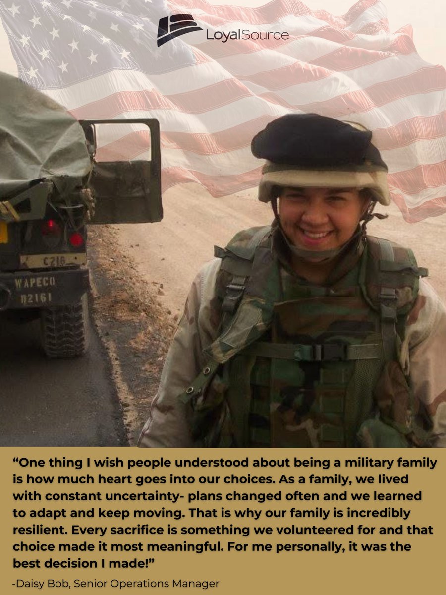 LoyalSourceGS's tweet image. Join us in honoring the strength and resilience of military families this month🤝We’re proud to spotlight, Daisy, part of our Loyal Source team- a veteran who served two deployments, daughter of a veteran, and a wife to a service member deployed 4 times. Her words say it best.