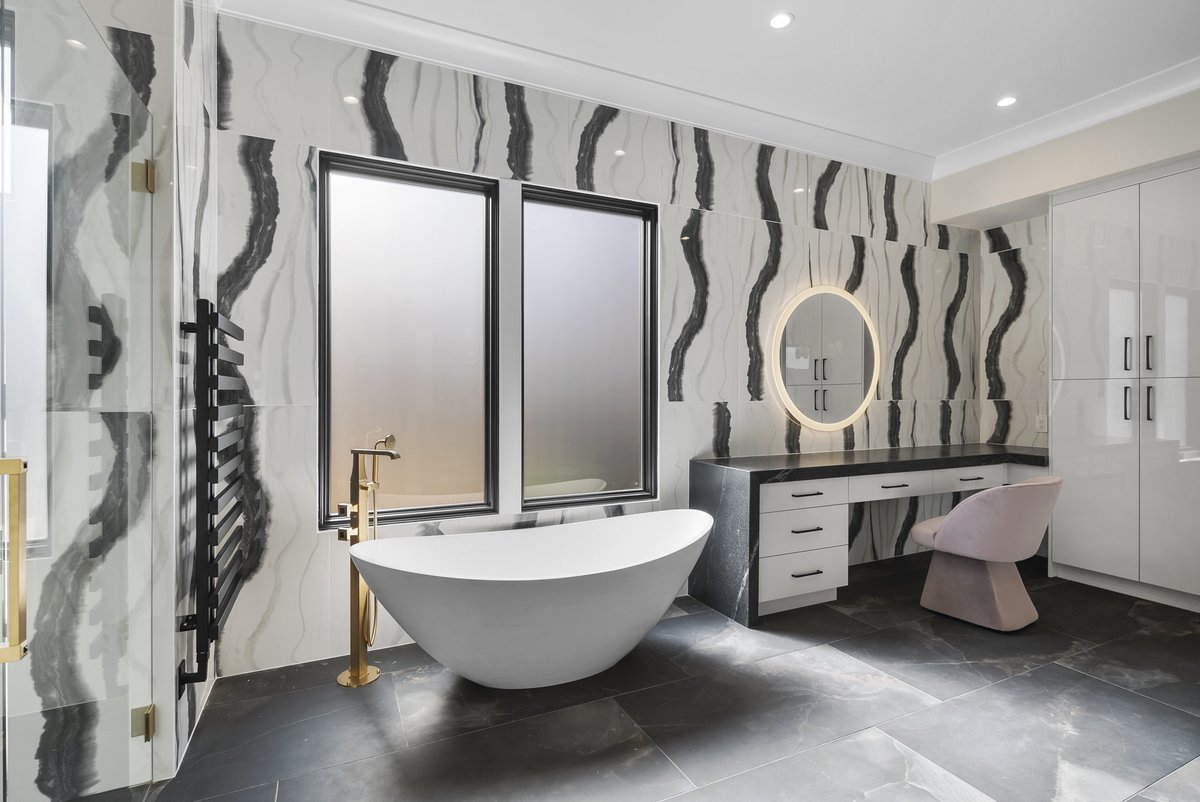 What do you think of this funky bathroom design?  It looks super cool in person :). #bathroom #flyboync  #BathroomDesign #ModernBathroom #InteriorInspo #HomeDecor #BathroomGoals #DesignInspiration #LuxuryBathroom #HomeStyle #BathroomInspo #ContemporaryDesign