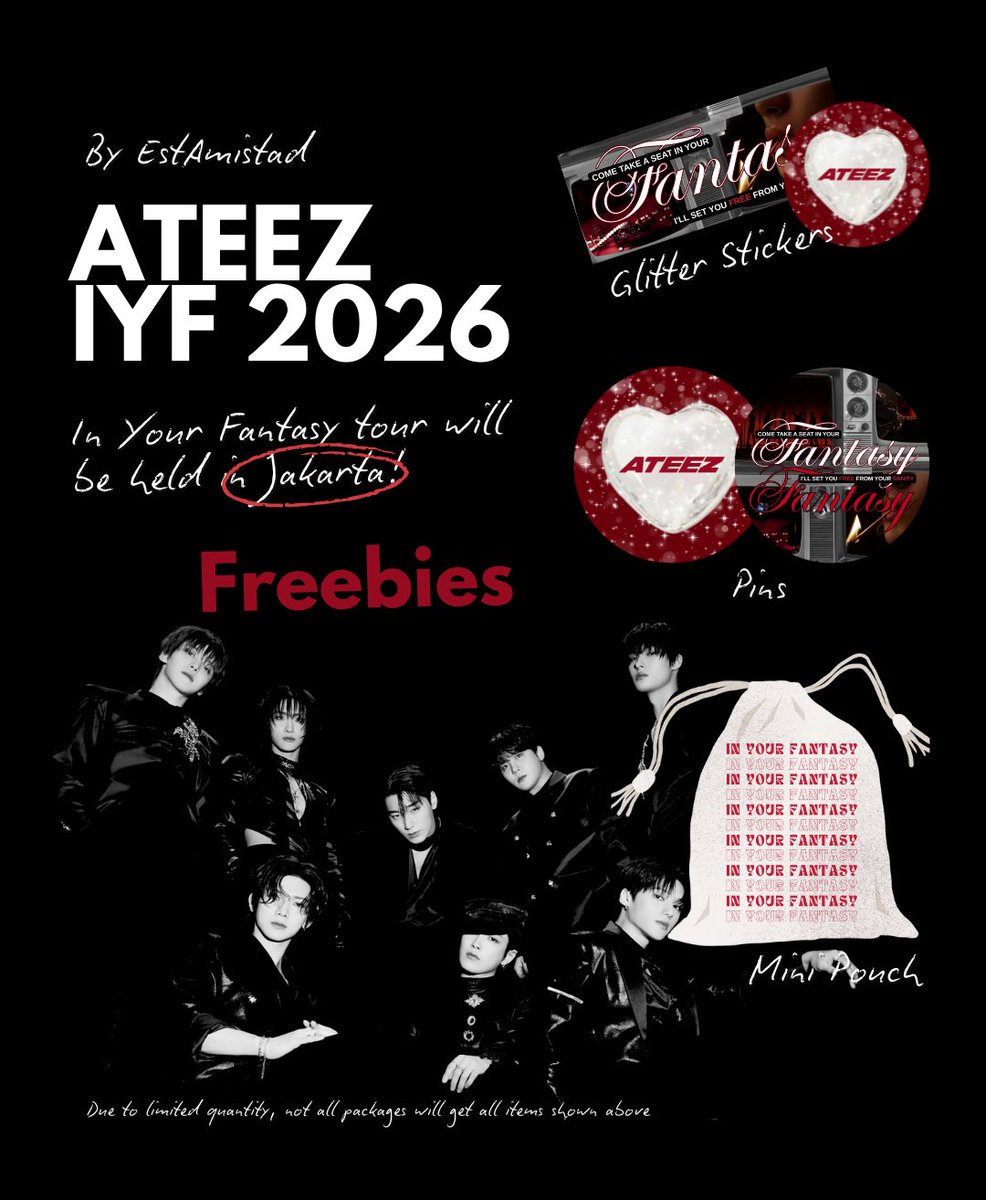 ⋆˚｡⋆୨୧˚✧˖°.‧₊⋅˚

Freebies by <a href="/EstAmistad/">Chasen</a> 
ATEEZ In Your Fantasy in Jakarta 

Saturday, January 31, 2026
Time and Location TBA

Limited qty. 

Find me and say hi on the day. 
Lmk if you're willing to trade! 🫶🏻

#ATEEZ #ATEEZinJakarta #InYourFantasy #IYF
