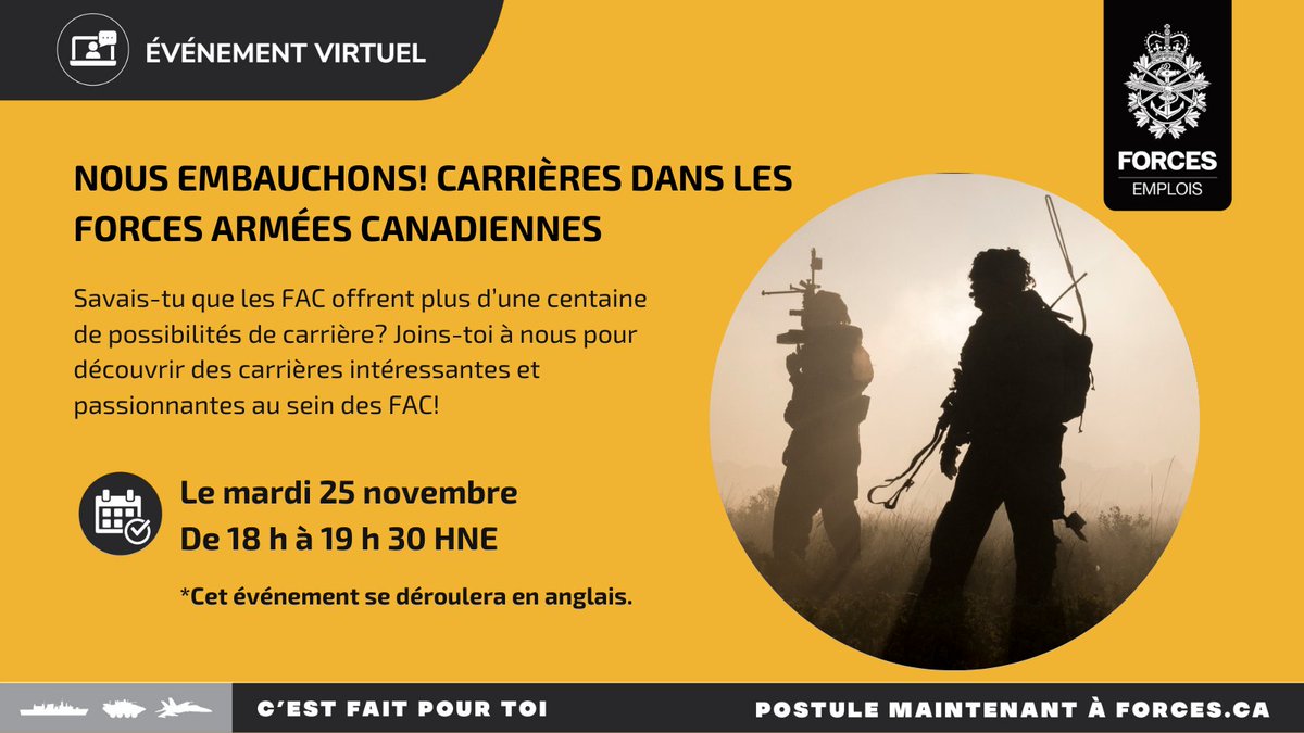 ForcesCanada's tweet image. Savais-tu qu’il existe plus d’une centaine de possibilités de carrière dans les Forces armées canadiennes? Joins-toi à nous pour en savoir plus sur le processus d’enrôlement et les carrières offertes : forces.ca/fr/events-fr/#…