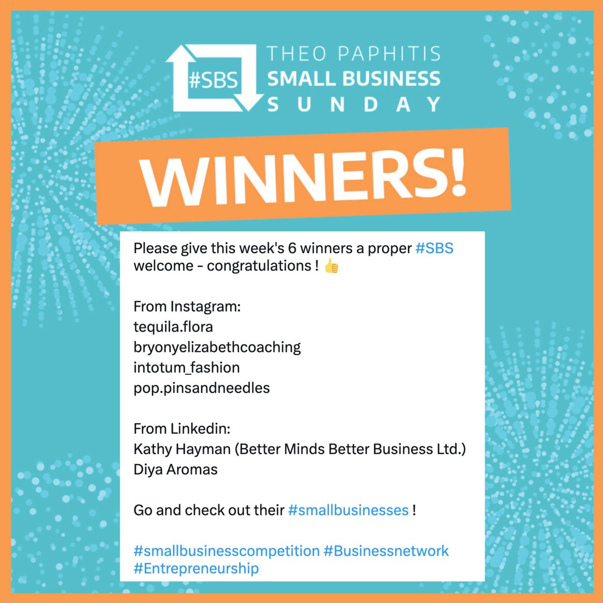 TheoPaphitis's tweet image. Please give this week&apos;s 6 winners a proper #SBS welcome - congratulations ! 👍

From Instagram:
tequila.flora
bryonyelizabethcoaching
intotum_fashion
pop.pinsandneedles

From Linkedin:
Kathy Hayman (Better Minds Better Business Ltd.)
Diya Aromas

Go and check out their…