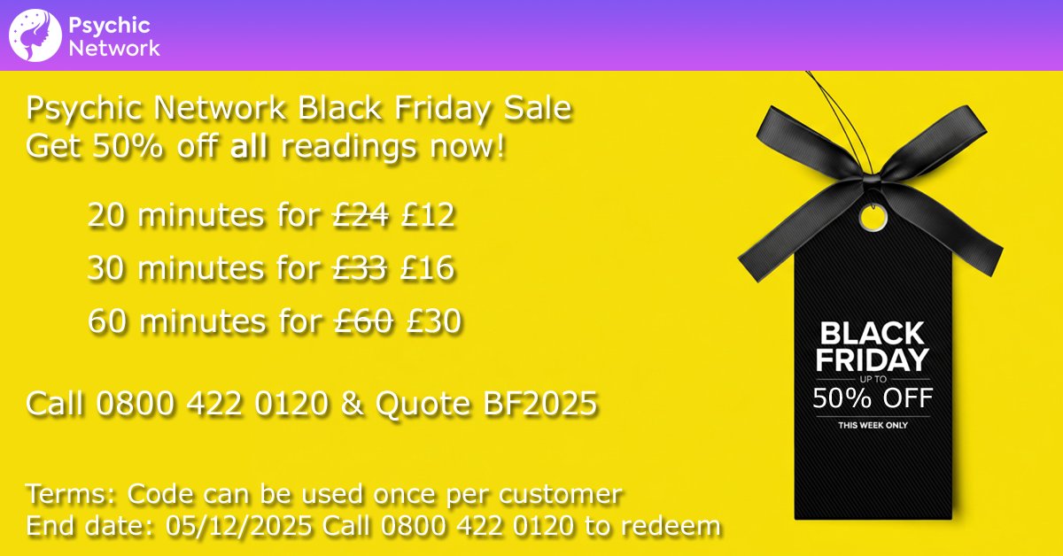 Psychic_Network's tweet image. Black Friday Psychic Network sales are here!
Huge savings on all our #psychic readings
👇
psychic-network.co.uk/black-friday.p…
#blackfriday #psychicoffers #psychicsale