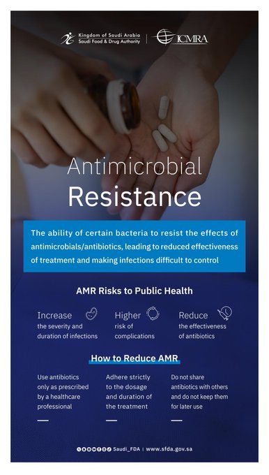 WeamSafwat's tweet image. SFDA Awareness Publication: Completing the full duration of the treatment helps eliminate bacteria and prevents Antimicrobial Resistance (AMR).

#SFDA

#WorldAMRAwarenessWeek