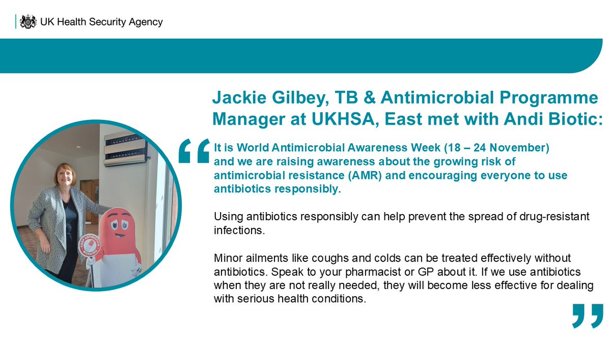 UKHSA_EoEngland's tweet image. It is World Antimicrobial Awareness Week (18 – 24 November) and we are raising awareness about the growing risk of antimicrobial resistance (AMR) and encouraging everyone to use antibiotics responsibly.