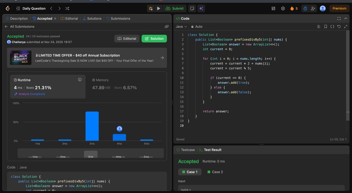 Gitkbc's tweet image. Solved (Daily Problem ) LeetCode 1018 – Binary Prefix Divisible By 5
A clean O(n) solution.

@LeetCode

#leetcode #dailychallenge #On #math #coding #programming #interviewprep