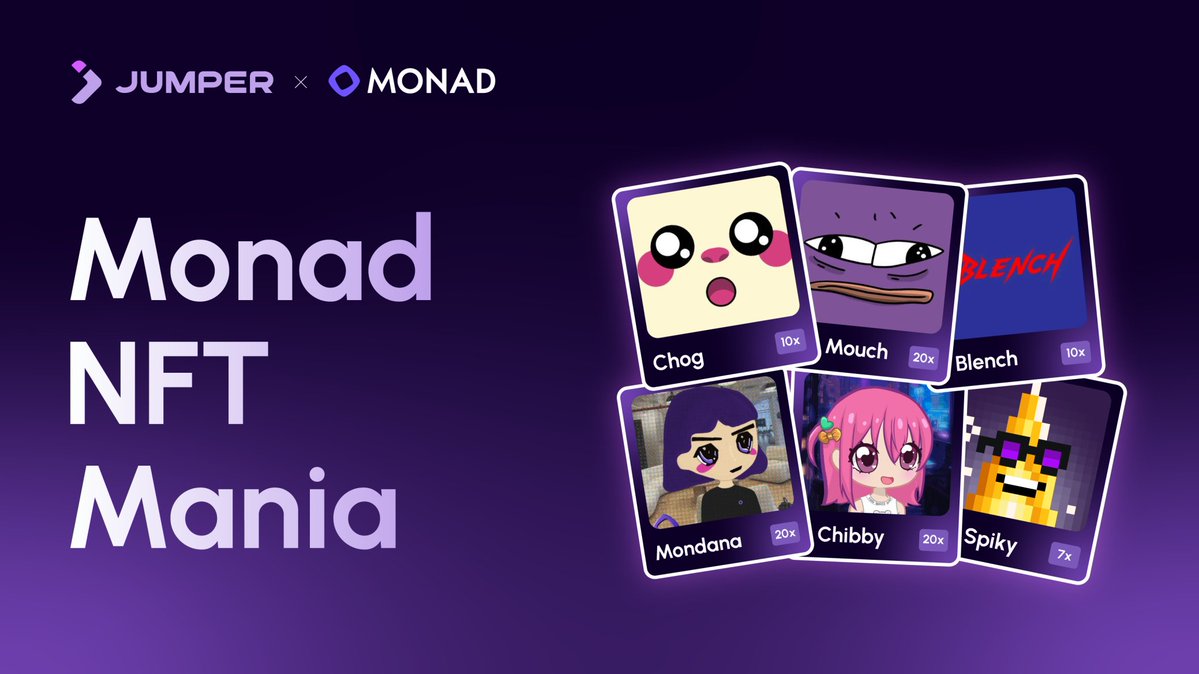 jumperpass's tweet image. Monad NFT Mania is Live.

Participate and win 6 top-tier Monad NFTs and guaranteed Jumper XP:

@mondanabaddies: 20 WLs
@LaMouchNFT: 20 NFTs
@blench: 10 WLs
@chibbywrld: 20 WLs
@ChogNFT: 10 WLs
@spiky_xyz: 7 WLs

Jump. Grow. Earn: jumper.exchange/campaign/monad…