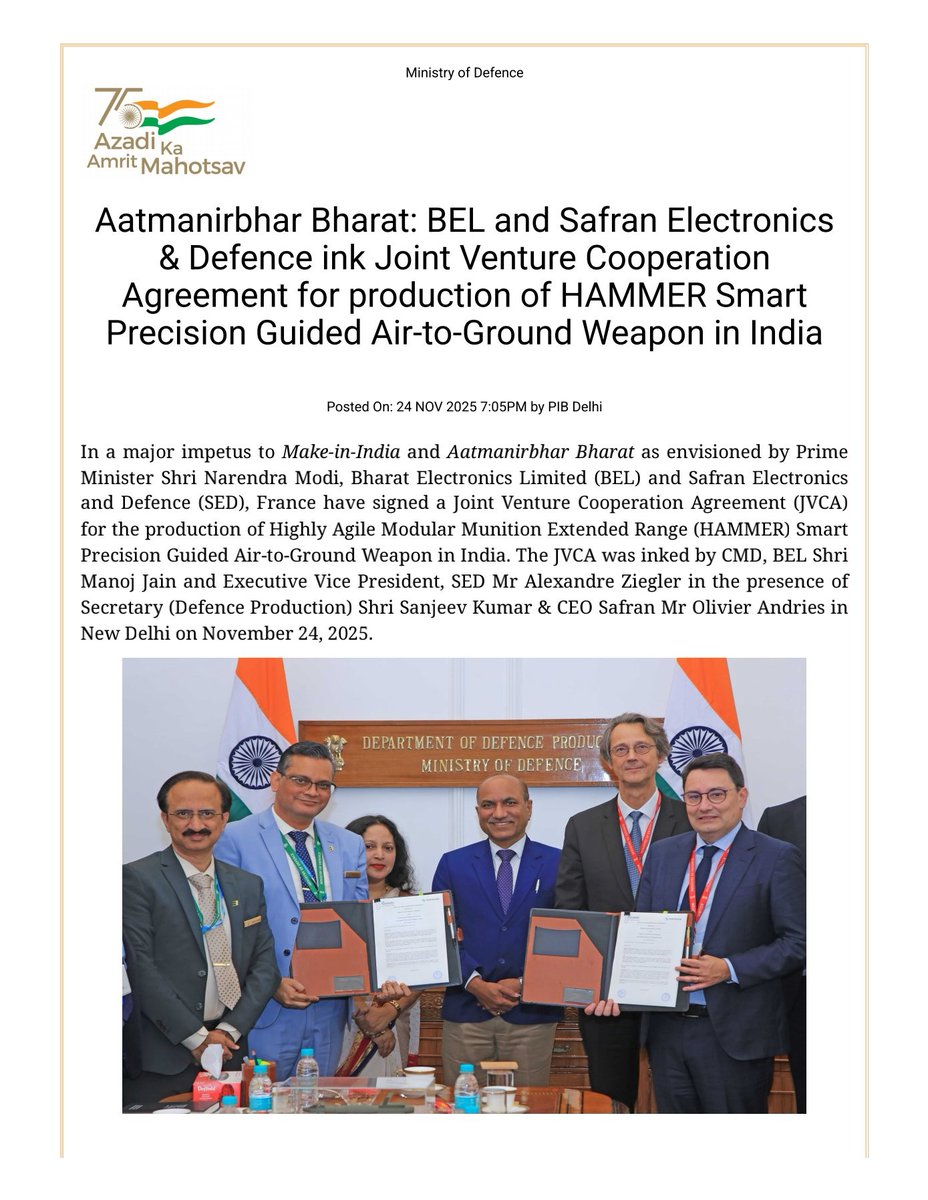 AjayshreeSamby3's tweet image. #BharatElectronics and #SafranElectronics announce a 50:50 private joint venture to produce HAMMER Smart Guided air to ground ammunition in India.