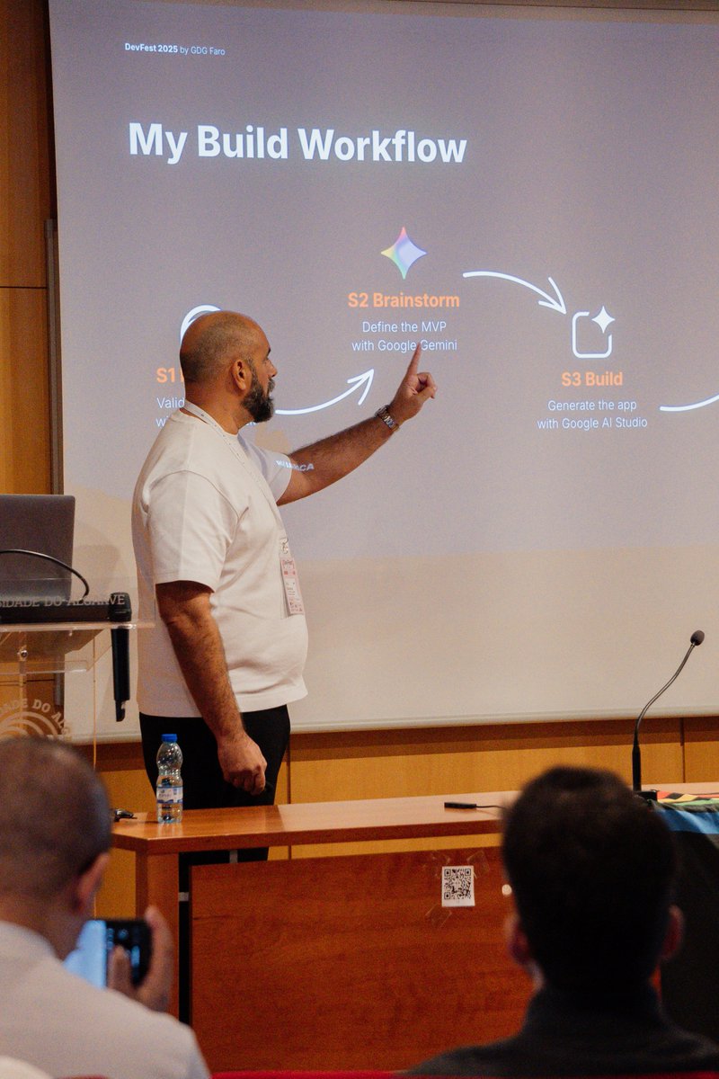 Rui_Barroca's tweet image. Spoke at @GDGFaro DevFest 2025 on Friday and loved it. Huge thanks to @tjgfernandes for the invite.

The room was full of developers
and there I was… a designer
sharing how I build #MVPs with #AI.

I presented my @Google edition workflow
@NotebookLM → @GeminiApp →…