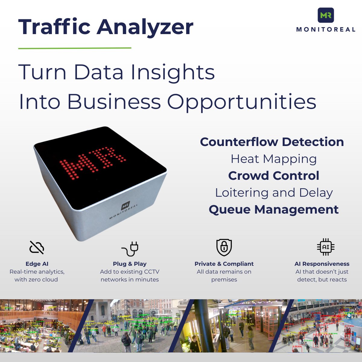 monitorealcom's tweet image. Meet our Traffic Analyzer: Advanced Edge AI analytics, no cloud, no camera replacements.
Turn any CCTV feed into real-time operational intelligence with full data sovereignty.
Explore at: monitoreal.com/traffic-analyz…
#Monitoreal #EdgeAI #VideoAnalytics #CCTV #SecurityTechnology