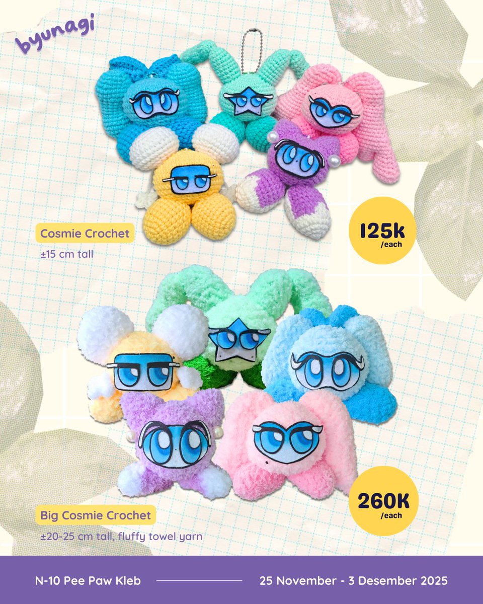byunagi's tweet photo. [❤️+🔃 are appreciated!]

HAI! I'm opening post #CF21 sales for my merch!
🗓️ 25 Nov - 3 Des 2025
📦 mail order via ekspedisi or 🍊
🔗: https://t.co/79cL0y67AA

Fandom: Genshin Impact, Crochet, Pikmin, Nu:Carnival, Red Velvet, Alien Stage / ALNST

#cf21catalogue  #comifuro21 https://t.co/mA1gE2AI4z