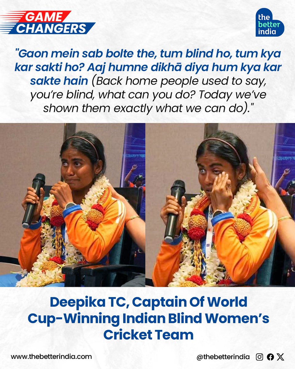 thebetterindia's tweet image. They were born in villages where nobody expected them to dream big.

They grew up in silence, learning cricket not by sight but by sound.

And yet, on a warm Sunday evening in Colombo, India’s blind women’s cricket team lifted the first-ever Women’s Blind T20 World Cup.

At the…