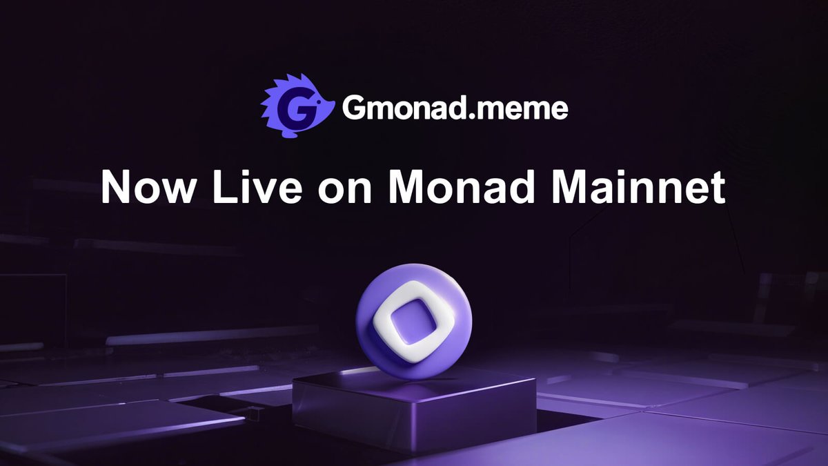 GMonad.meme banner announcing live status on Monad mainnet with 3D token display