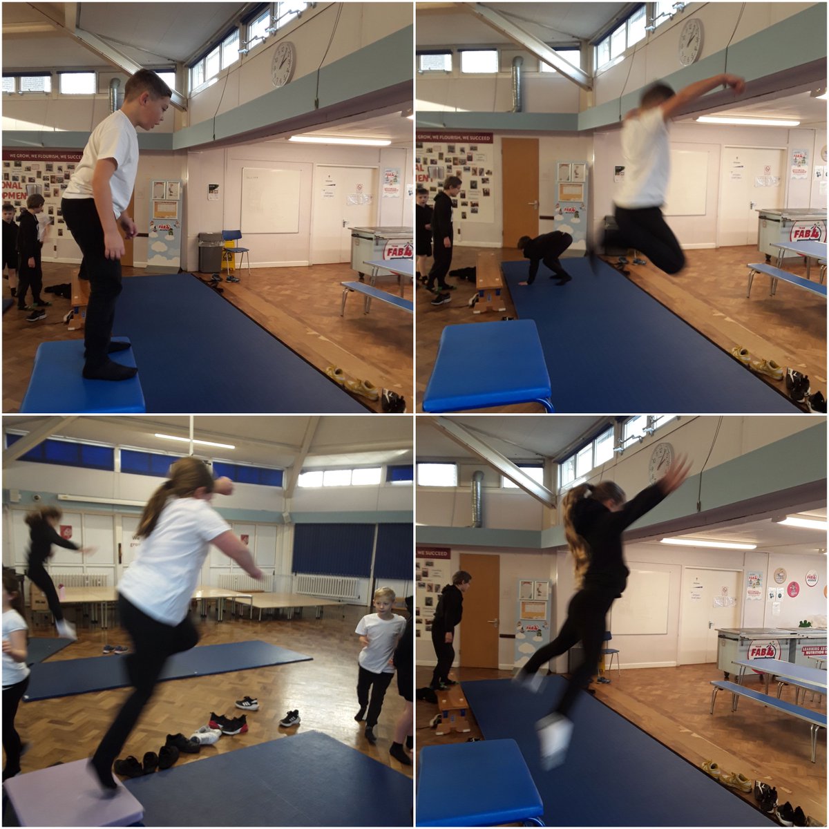 In PE, class 4 have been using apparatus to complete a variety of jumps.
