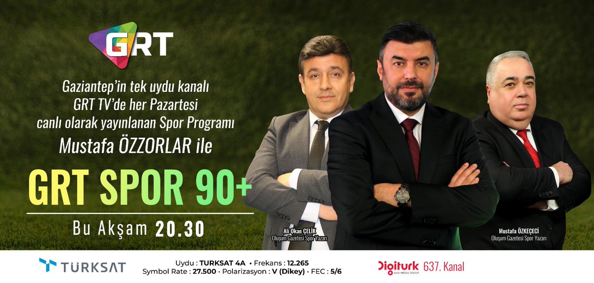 •⁠  ⁠Gaziantep’in tek uydu kanalı GRT TV ekranlarında her Pazartesi canlı olarak yayınlanan Mustafa ÖZZORLAR'In sunduğu “GRTSpor 90+” bu akşam 20.30’da sizlerle olacak! ✨ 

•⁠ Kayserispor - Gaziantep FK maçının yanı sıra şehrimizi temsil eden takımlarımızın haftalık