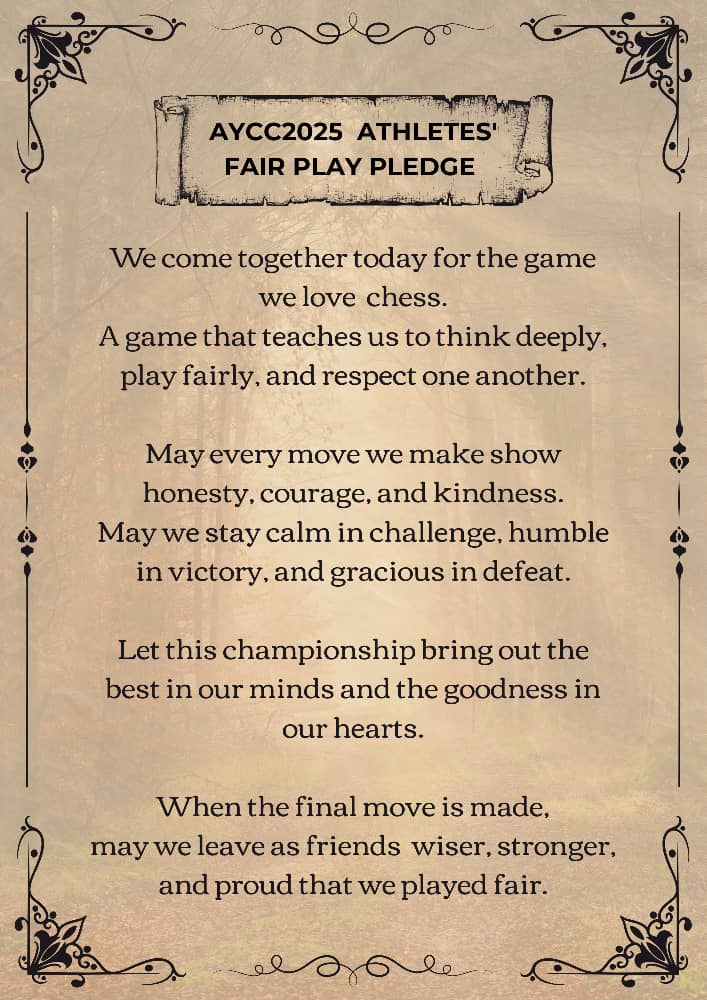 AfricanChessCon's tweet image. 🎉♟️ AYCC2025 Starts in 12 Days!

Before we battle on the board, we team up for fair play!

Team Captains will lead the Athletes’ Fair Play Pledge at the Opening Ceremony! 🙌🏽

🔥 Bring your skills.
💚 Bring your sportsmanship.
🤝 Bring respect to every move.