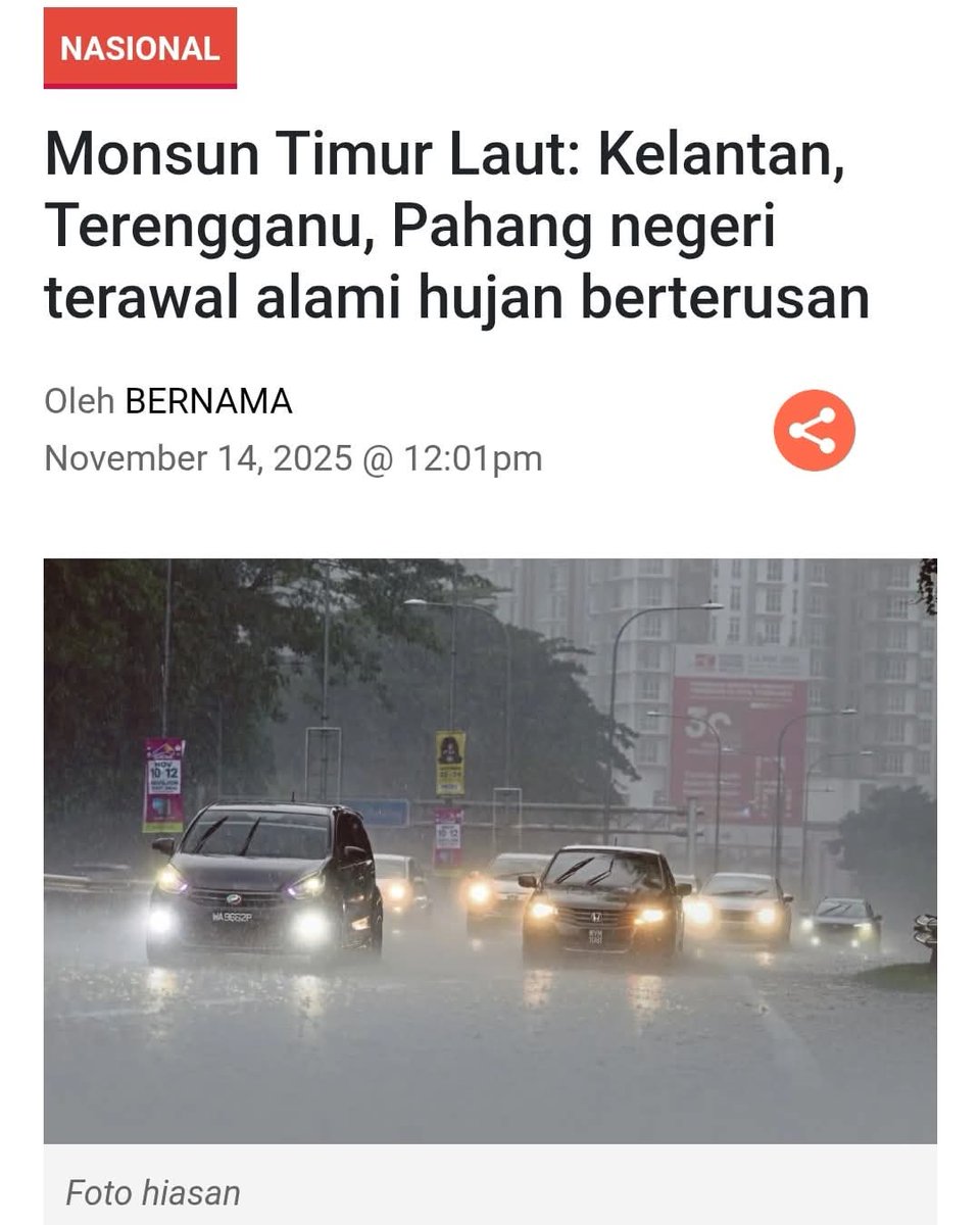 Hujan lebat dan banjir menandakan dah masuk musim Monsun Timur Laut.

Negara kita panas sepanjang tahun. Jadi, daratan Malaysia panas. Hal ini menghasilkan kawasan bertekanan rendah, udara lembab banyak naik ke atas.

Apabila angin Monsun Timur Laut bertiup dari Laut China
