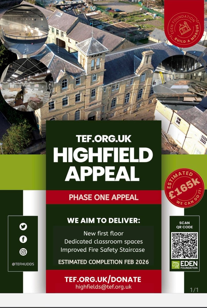 TEFHudds's tweet image. 🕌 Support Your Masjid &amp;amp; Site Expansion

Alhamdulillah — Phase One of our site upgrade has begun!

🤲 Your masjid. Your community.
Built by the Ummah, for the Ummah.

📲 Scan the QR code on the poster to donate

theedenfoundation.beaconforms.com/form/47155ad4

#edenfoundation #Highfields #renovation