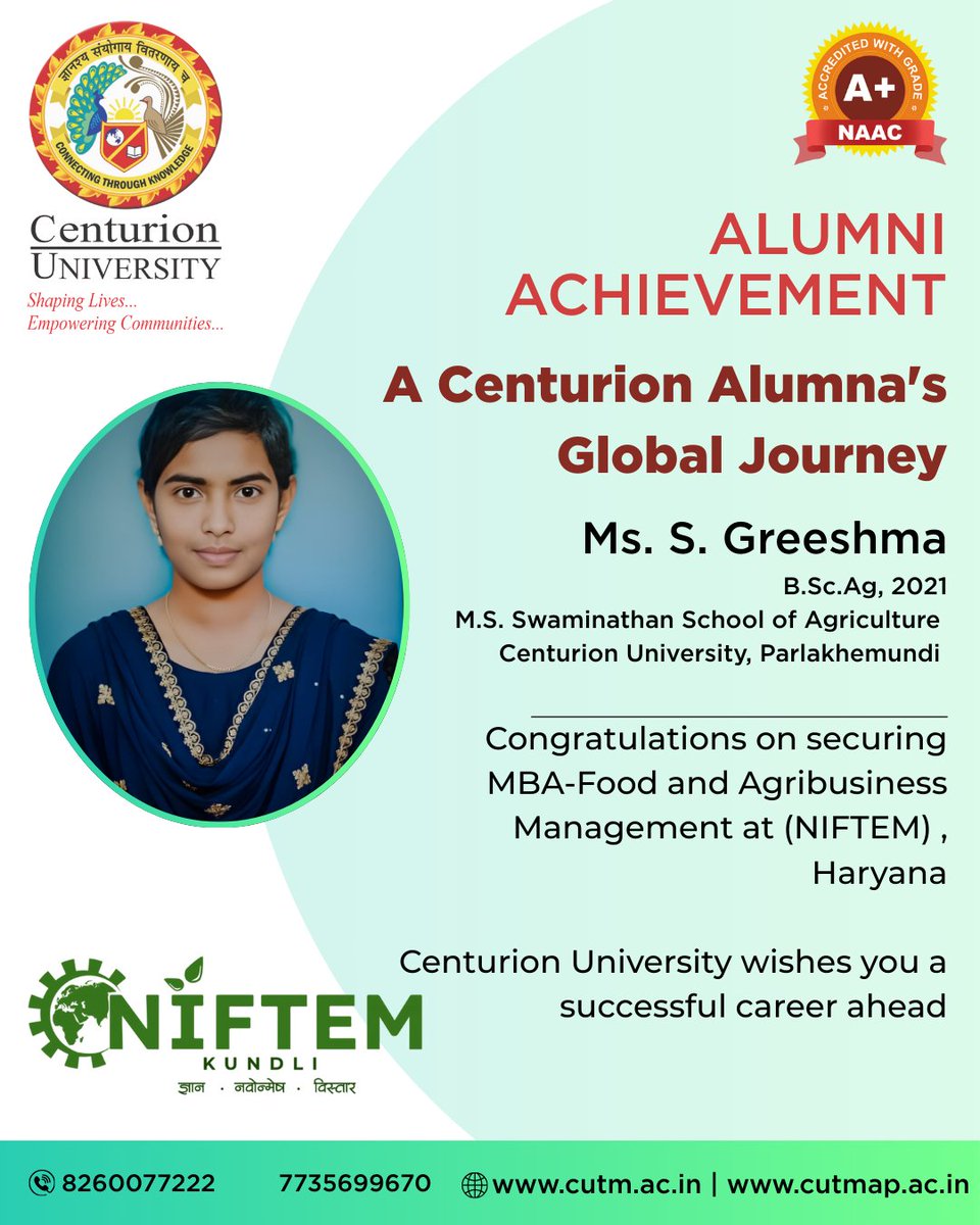 CUTM_AP's tweet image. A Journey of Hard Work, Talent, and Triumph!

#cutmap #cutmbbsr #cutmpkd #centurionuniversity #alumniachievement #studentsuccess #agricultureeducation #niftem #globaljourney #successstory #futureleaders #cutmparalakhemundi #womeninagriculture #agribusinessmanagement