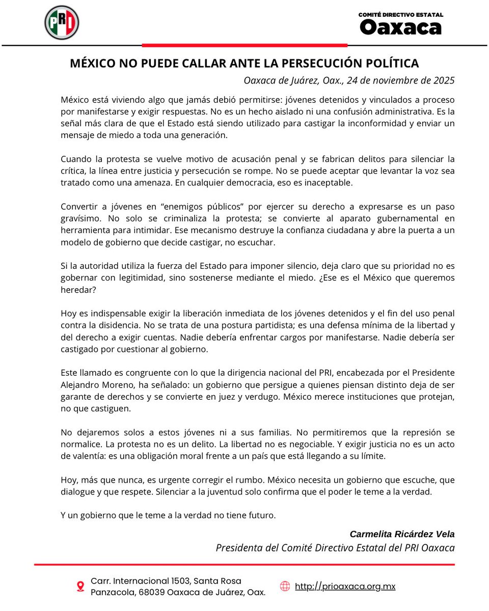 México está entrando en una línea que no podemos permitir: la crítica se castiga y la disidencia se criminaliza. Levantar la voz no puede convertirse en motivo de persecución. Es momento de decirlo claro: esto tiene que detenerse ya.