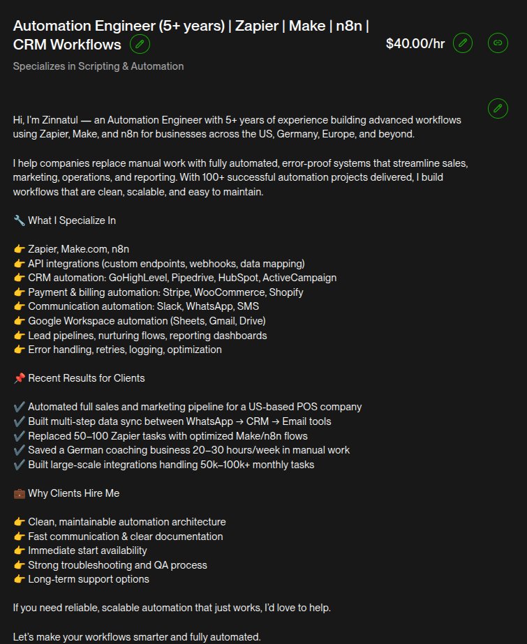 jinnatul_md's tweet image. Just updated my @Upwork profile to reflect my latest automation work — @Zapier, Make, n8n, custom API integrations, CRM automation, and more.

Feedback helps me keep improving. 💡
#automation #nocode #zapier #make #n8n