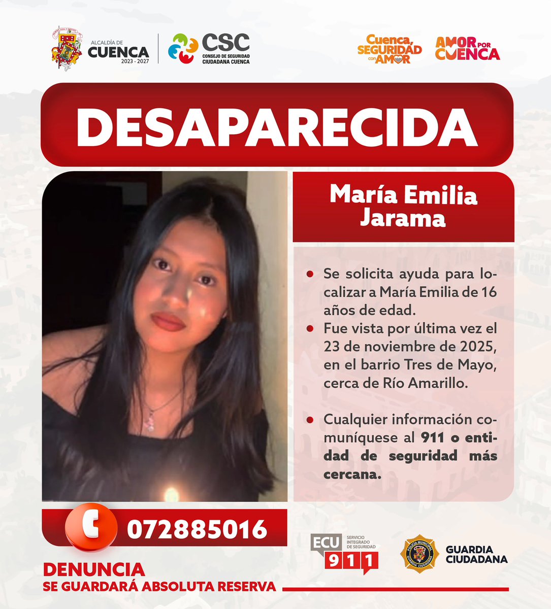 CSC_CUENCA's tweet image. #ALERTA 🚨 | Persona Desaparecida

Se reporta la desaparición de María Emilia Jarama, fue vista por última vez el 23 de noviembre del 2025.

📞 Si tienes información que ayude a ubicarle, comunícate a la línea de emergencia 911 o con las entidades de seguridad más cercanas.