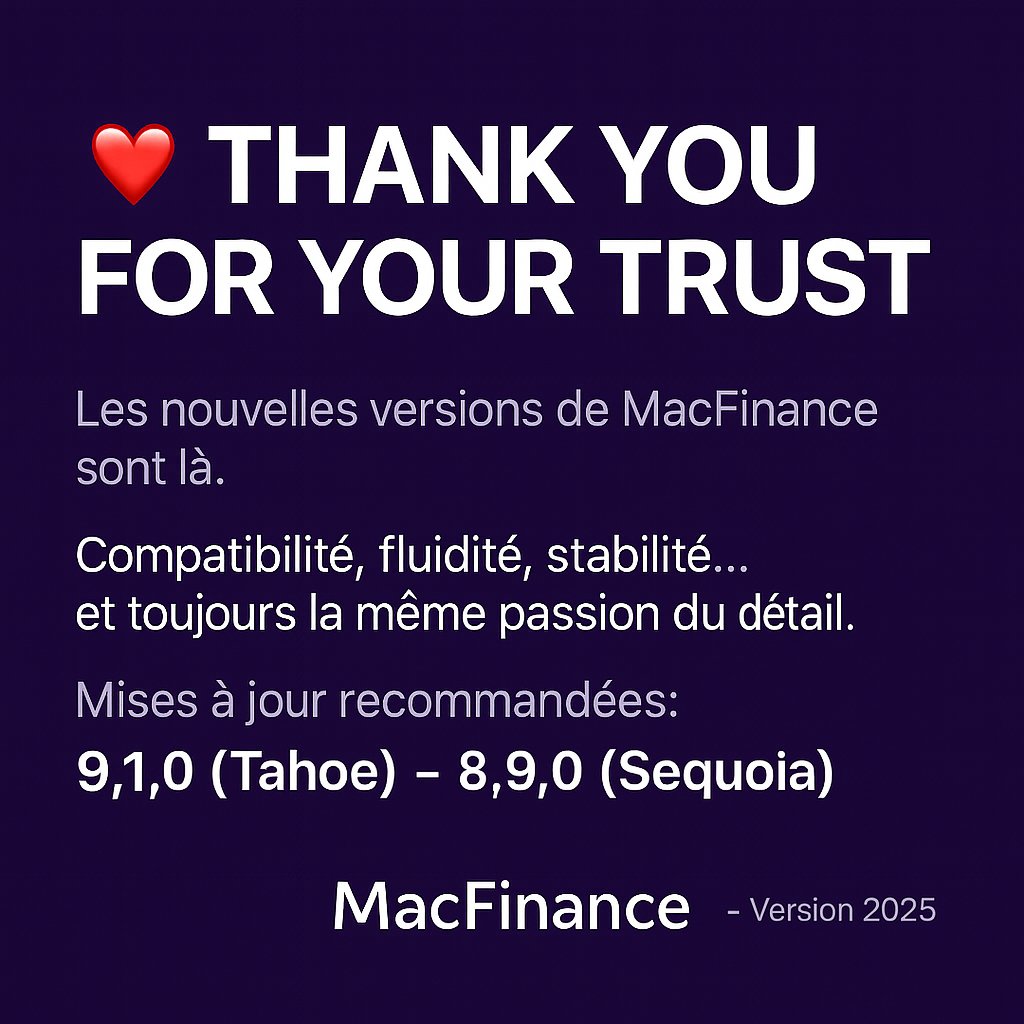 MacFinanceNews's tweet image. ❤️ THANK YOU FOR YOUR TRUST
The latest MacFinance versions are now available, delivering improved compatibility with macOS, enhanced stability, and a more efficient user experience — all refined with meticulous attention to detail.

#MacFinance #macOS #Update #Accounting #Trust