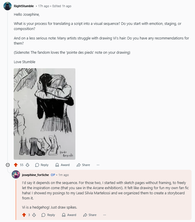 RightStumble's tweet image. Josephine talking about her process for her 2 Arcane scenes.

Also: 
VI IS A HEDGEHOG!

(I am so happy that she responded to one of my questions)