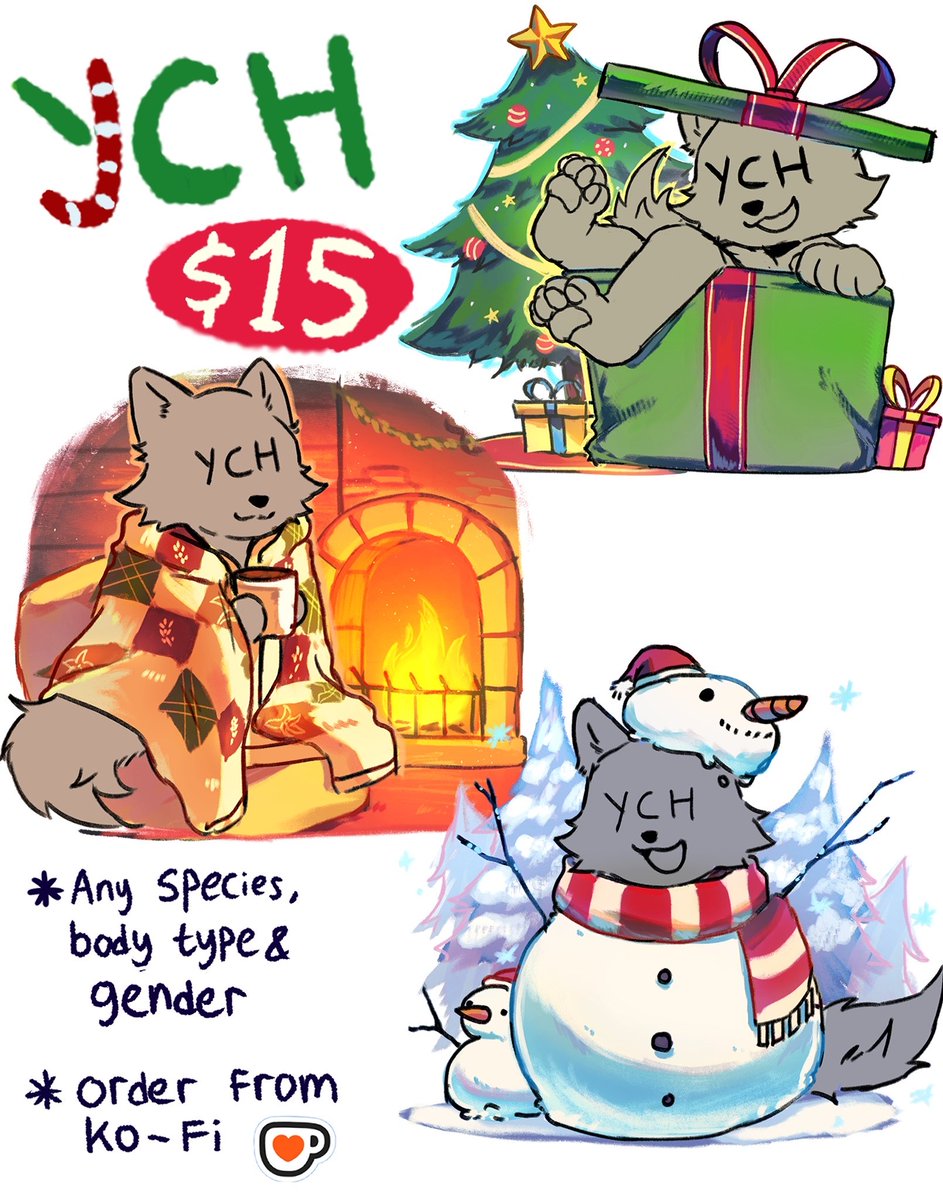 Hi hi! :D
I'm taking Winter/Holidays themed YCH for $15 each!  

info &amp; ☕️ Iink below!