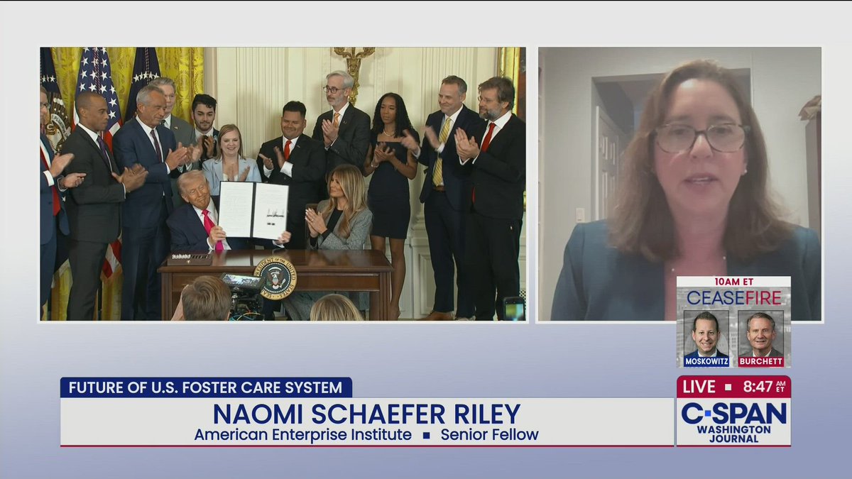 CSPANClassroom's tweet image. American Enterprise Institute (@AEI) senior fellow @NaomiSRiley discussed the state of foster care in the U.S. and recent Trump administration actions to support youth transitioning out of the system: c-span.org/classroom/docu….

#FosterCare #ExecutiveOrder #Trump #SSChat #GovChat