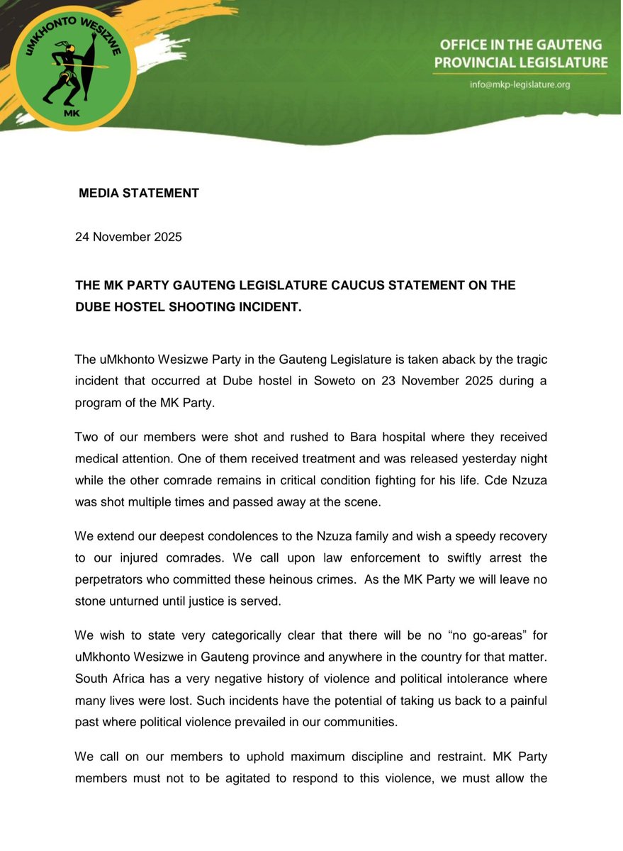 MKPgpl's tweet photo. Statement of the MK Party in the Gauteng Provincial Legislature on the Dube Hostel Shooting incident. https://t.co/0YbdS4u3oJ
