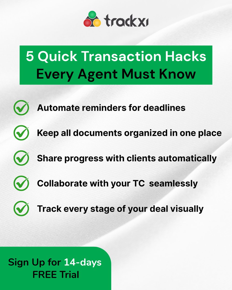 TrackxiSoftware's tweet photo. Real estate doesn’t have to be stressful when you have a system.

Which tip is your favorite?

#RealEstateTips #TransactionManagement #EfficiencyHacks #Trackxi #AgentLife https://t.co/CQZmwS9tC6