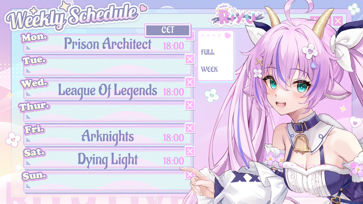 - WEEKLY SCHEDULE -

Prison Architect - FIXING A PRISON

League Of Legends -SHOWING MY SKILLS

Arknights - LEVELING

Dying Light - BWAAA ZOMBIE