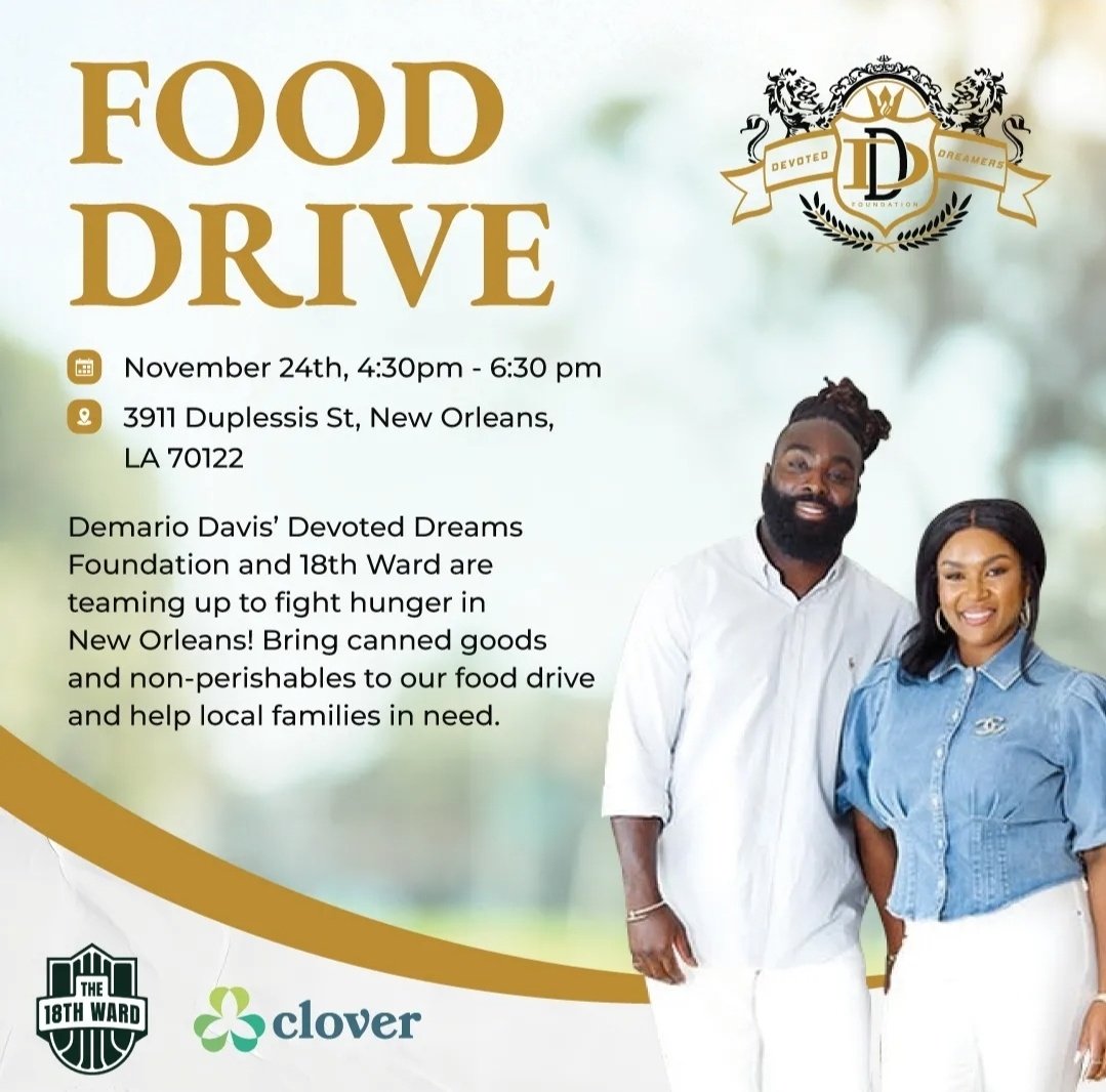 If you were unable to make it out to yesterday's tailgate and would still like to make a donation @DevotedDreamers and @The18thWard will be hosting another food drive for <a href="/CloverNola/">Clover New Orleans</a> this afternoon from 4:30 p.m. to 6:30 p.m.