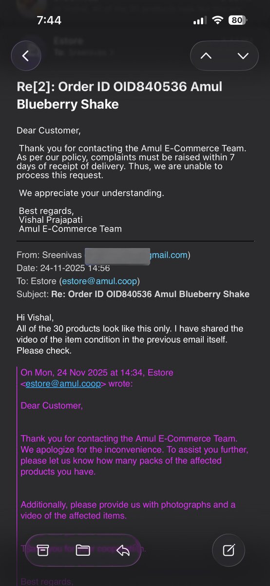 i_sreenivas's tweet photo. Hi @Amul_Coop I have ordered 30 blueberry protein shakes from your site and most of them turned watery and disintegrated into powder. It’s like Gelusil Antacid solution. 

I raised the issue with your store team via email and they are asking for video proof even though I have sent it to them in the original email. And now they’re saying I have to report it within 7 days. 

Do you expect your customers to drink 30 shakes in 7 days?

It doesn’t even look safe to consume anymore. 

@Shefali_Vj can you please look into this?