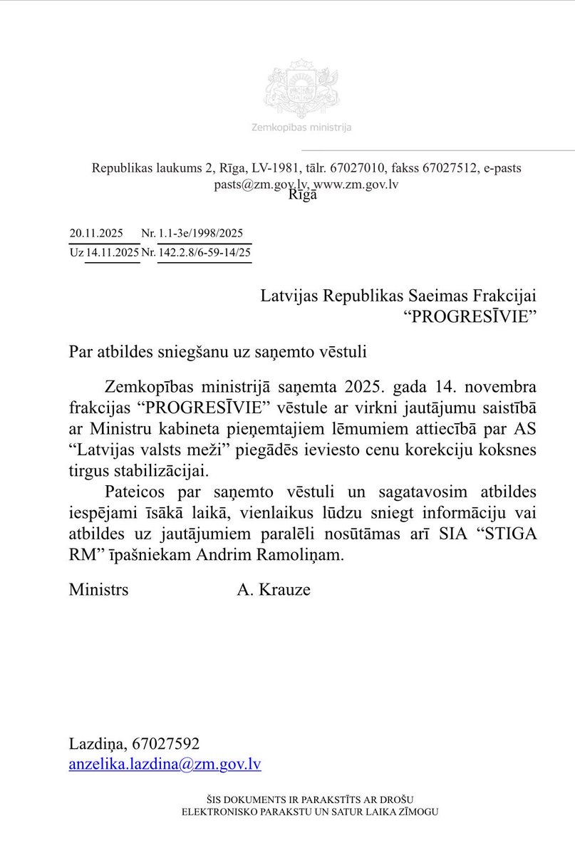 Šī ir zemkopības ministra oficiālā atbilde Saeimas frakcijai saistībā ar potenciāliem kriminālpārkāpumiem, iespējamo korupciju un desmitiem miljonu zaudētas valsts uzņēmuma naudas.

Pēdējā daļa apliecina, cik nopietni ministrs uztver situāciju.