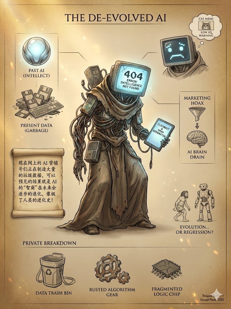 其实我想说的是：现在网上的 AI 营销号们正在制造大量的垃圾数据，可以预见的结果就是 AI 的“智商”在未来会逐步的退化，像极了人类的进化史！