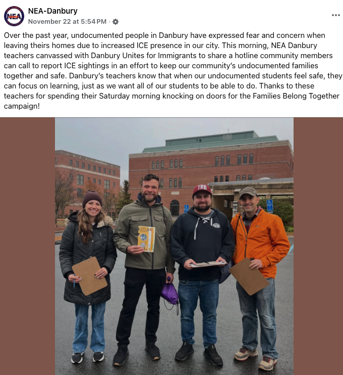 WOW. Teacher Union in Danbury, CT, is openly working to PROTECT illegal aliens by promoting hotlines for reporting ICE activity.

It's against the law to conceal, harbor, or shield illegal aliens from detection.

<a href="/ICEgov/">U.S. Immigration and Customs Enforcement</a>