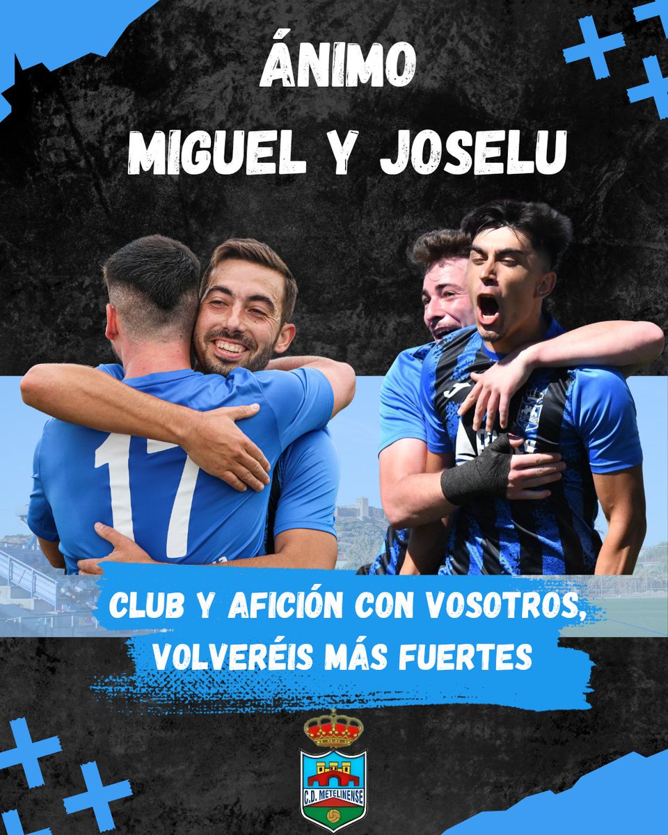 🔵 De parte de toda la familia que formamos el Club Deportivo Metelinense queremos mandar todo nuestro ánimo y fuerza a nuestros jugadores <a href="/MiguelMorcillo7/">Migue Angel</a> y <a href="/joseluhn9/">Joselu Herrera</a> lesionados de gravedad. 

💪 Vuestros compañeros desde hoy pelearán con más motivo para regalaros una alegría.