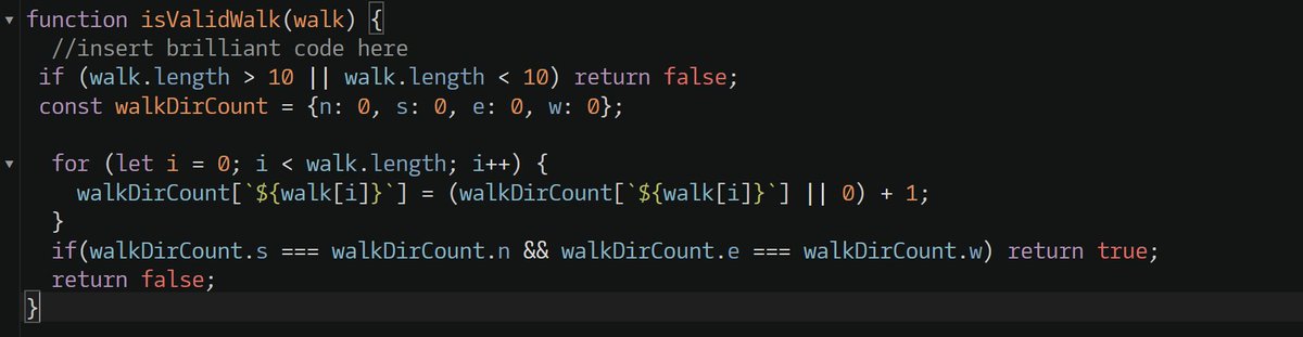 codeWithRoni's tweet image. Solution of &apos; Take a ten minutes walk &apos; 6kyu challenge on codewars. Here I use frequency counter/ frequency map pattern to achieve Big O(n) time complexity.